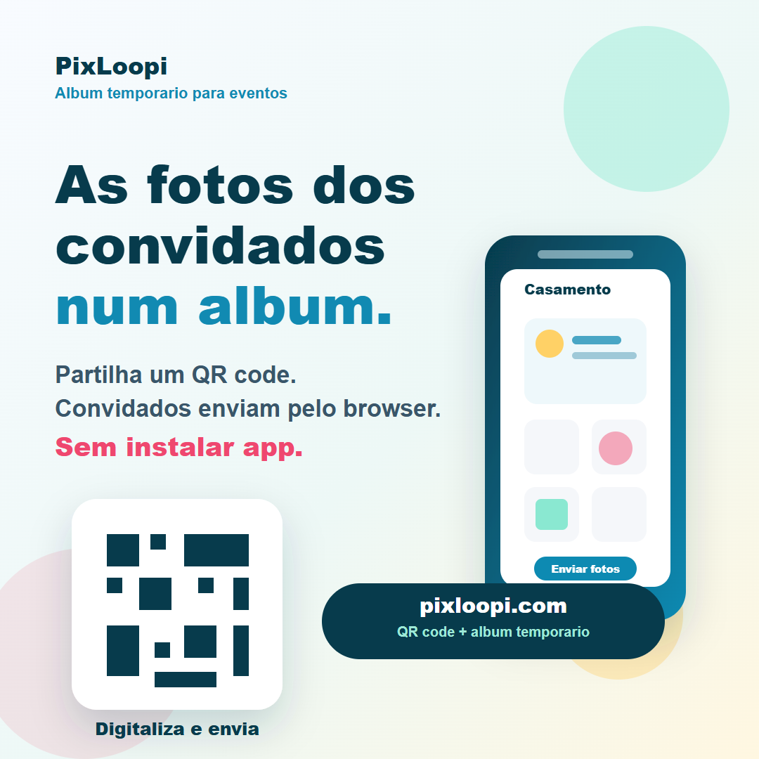 Cartão PixLoopi para casamento com QR code e upload de fotos dos convidados.